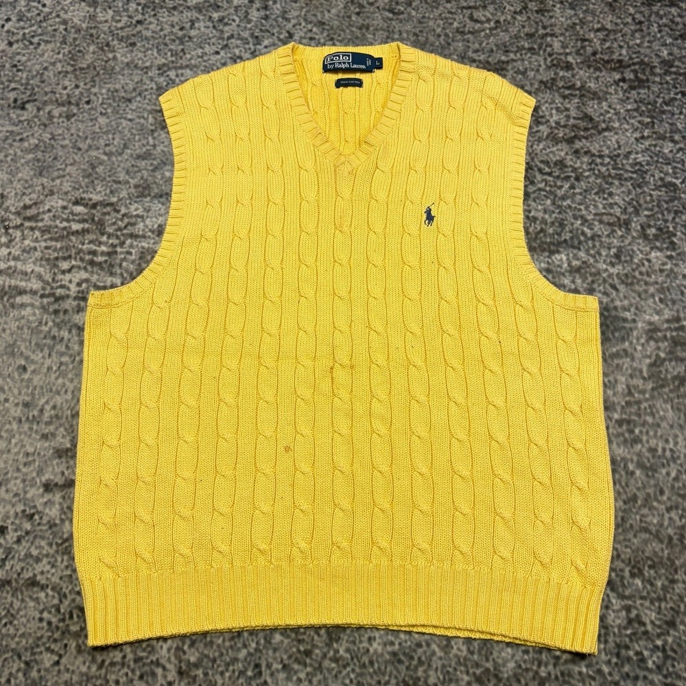 Polo Ralph Lauren Sweater Vest Cable Knit Large Yellow V-Neck Preppy Old Money